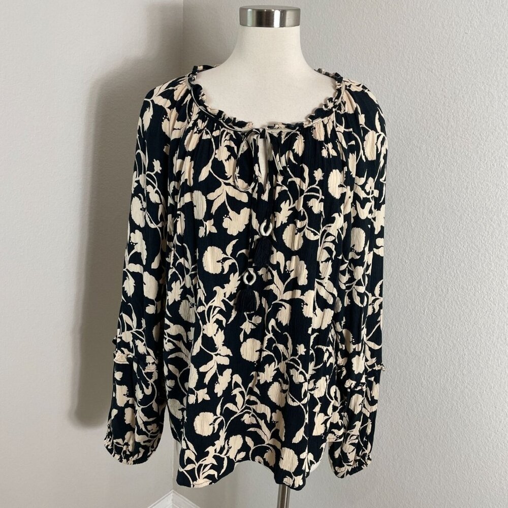 Knox Rose Womens Plus XXL Floral Blouse Black Beige Tassel Tie Boho Shirt‎ Top